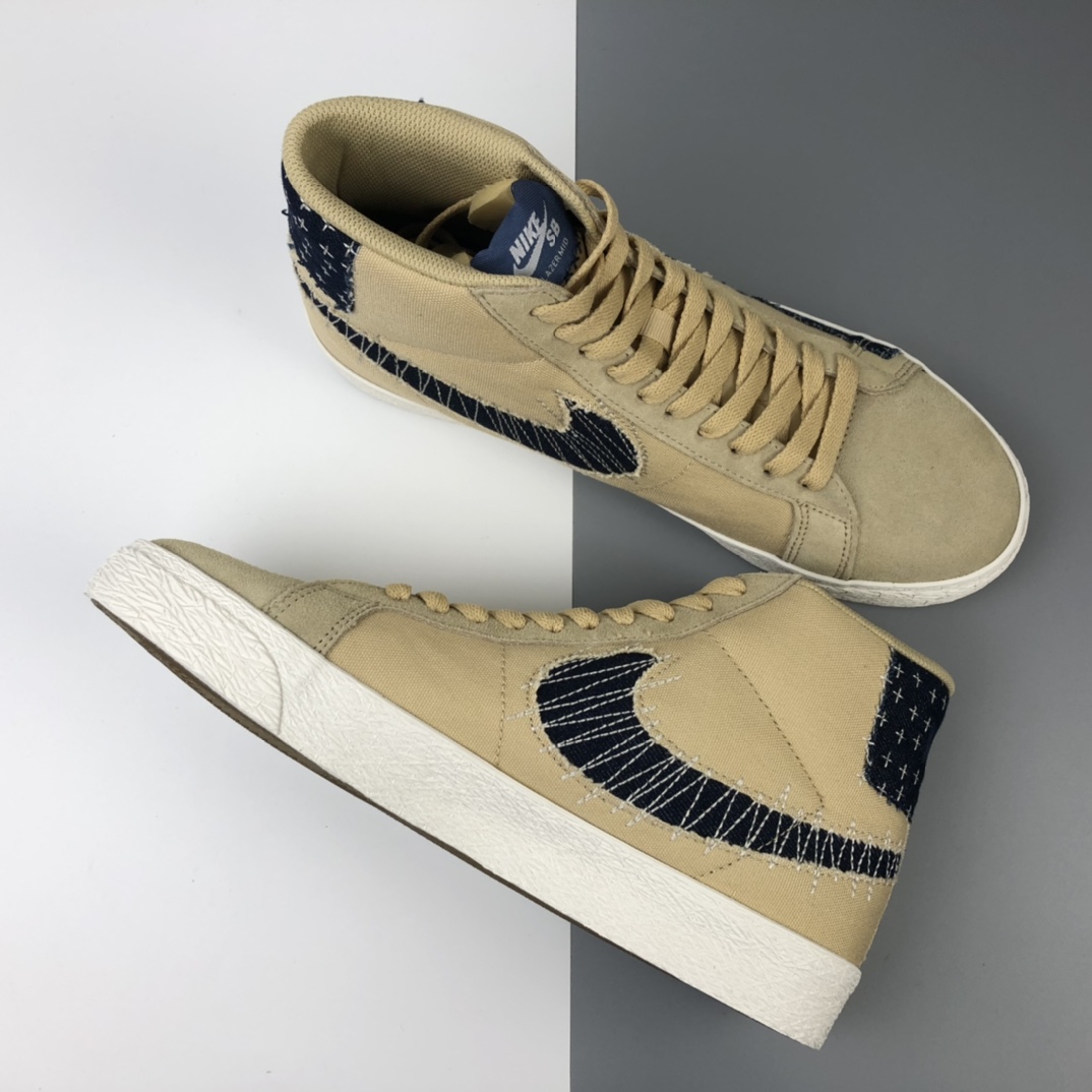 190 Nike SB Blazer Mid Premium”Sashiko Sesame”经典开拓木屑纹中帮百搭休闲运动板鞋“卡其丹宁深蓝白刺子绣” CT0715-200