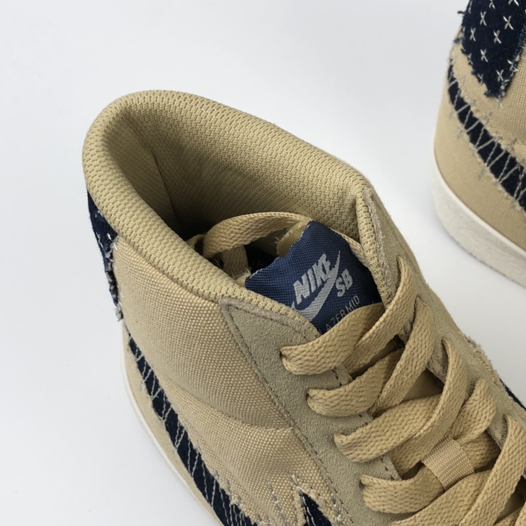 190 Nike SB Blazer Mid Premium”Sashiko Sesame”经典开拓木屑纹中帮百搭休闲运动板鞋“卡其丹宁深蓝白刺子绣” CT0715-200