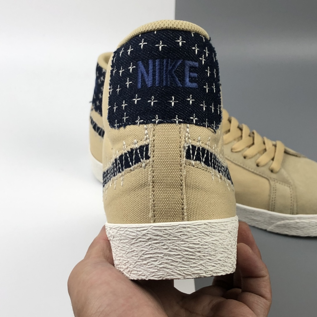 190 Nike SB Blazer Mid Premium”Sashiko Sesame”经典开拓木屑纹中帮百搭休闲运动板鞋“卡其丹宁深蓝白刺子绣” CT0715-200