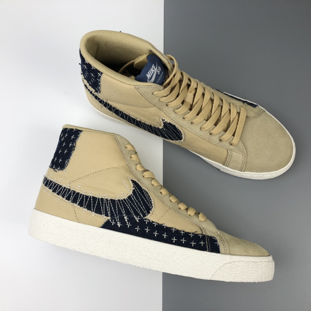 190 Nike SB Blazer Mid Premium”Sashiko Sesame”经典开拓木屑纹中帮百搭休闲运动板鞋“卡其丹宁深蓝白刺子绣” CT0715-200