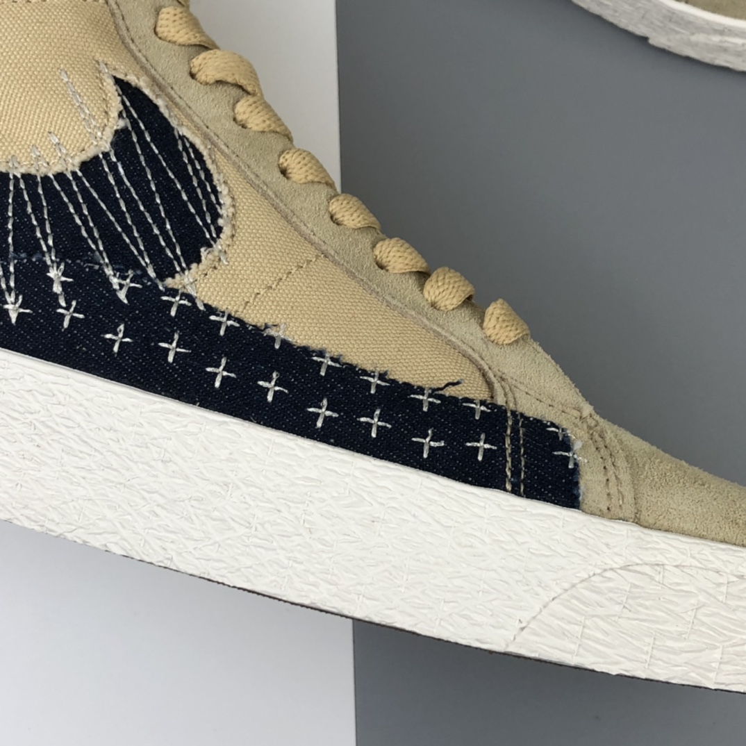 190 Nike SB Blazer Mid Premium”Sashiko Sesame”经典开拓木屑纹中帮百搭休闲运动板鞋“卡其丹宁深蓝白刺子绣” CT0715-200