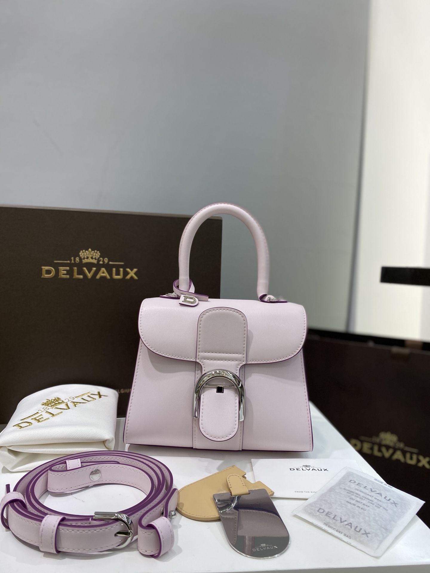 专柜新色薰衣粉比利时皇家御用品牌顶级原单Delvaux新版双环brillantbox皮现货️小羊皮内里配