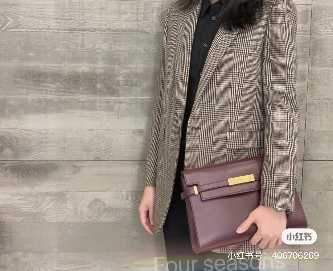 Ysl 𝑴𝒂𝒏𝒉𝒂𝒕𝒕𝒂𝒏 29CM曼哈顿法棍包 579271酒红色牙签纹金扣