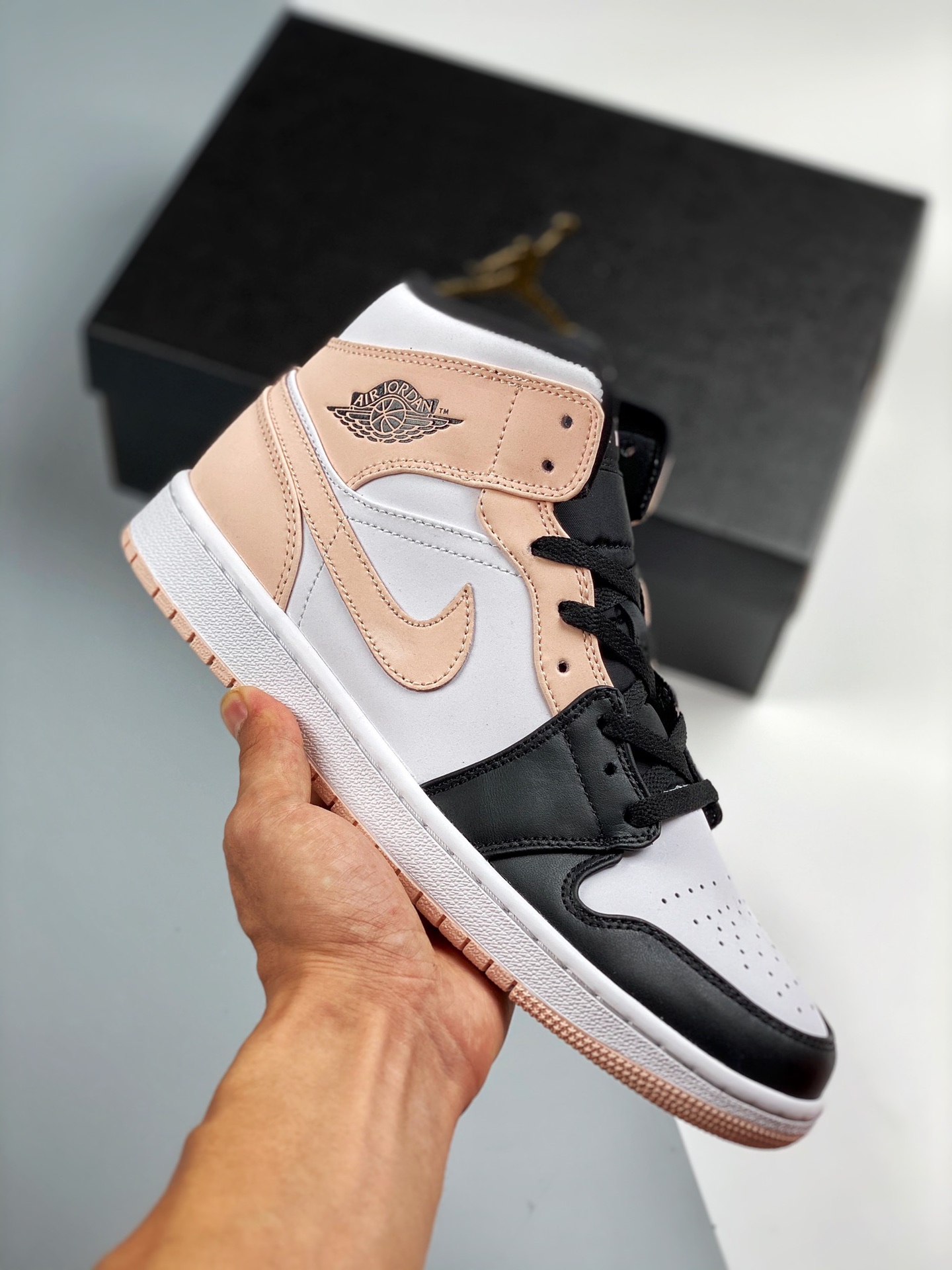 Air Jordan 1 Mid, negro rosa, caña media, serie de caña media, nuevo lote, suela original con molde original, cuero per…