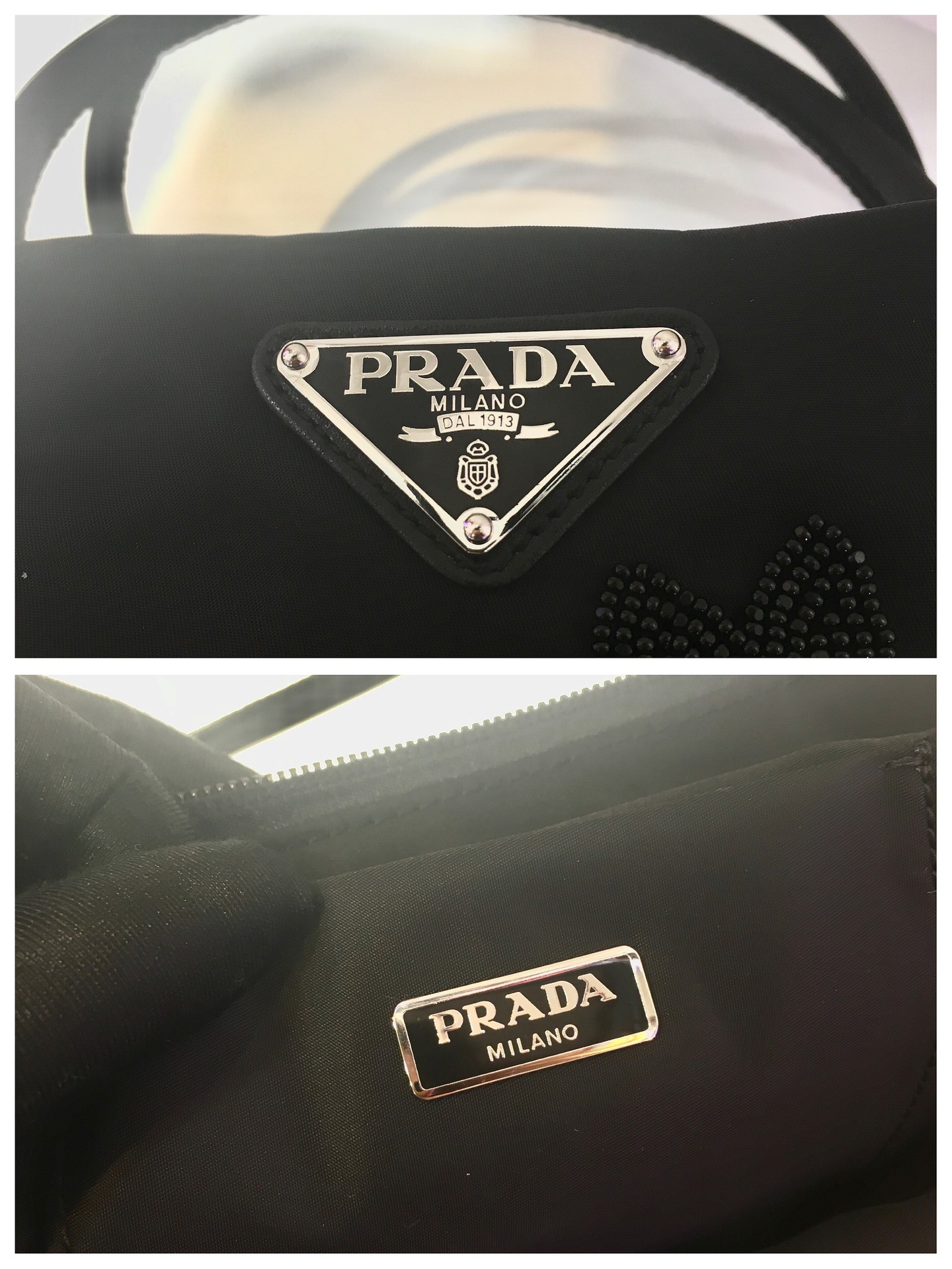 PRADA普拉达进口尼龙布料绣珠款手提包1BA321