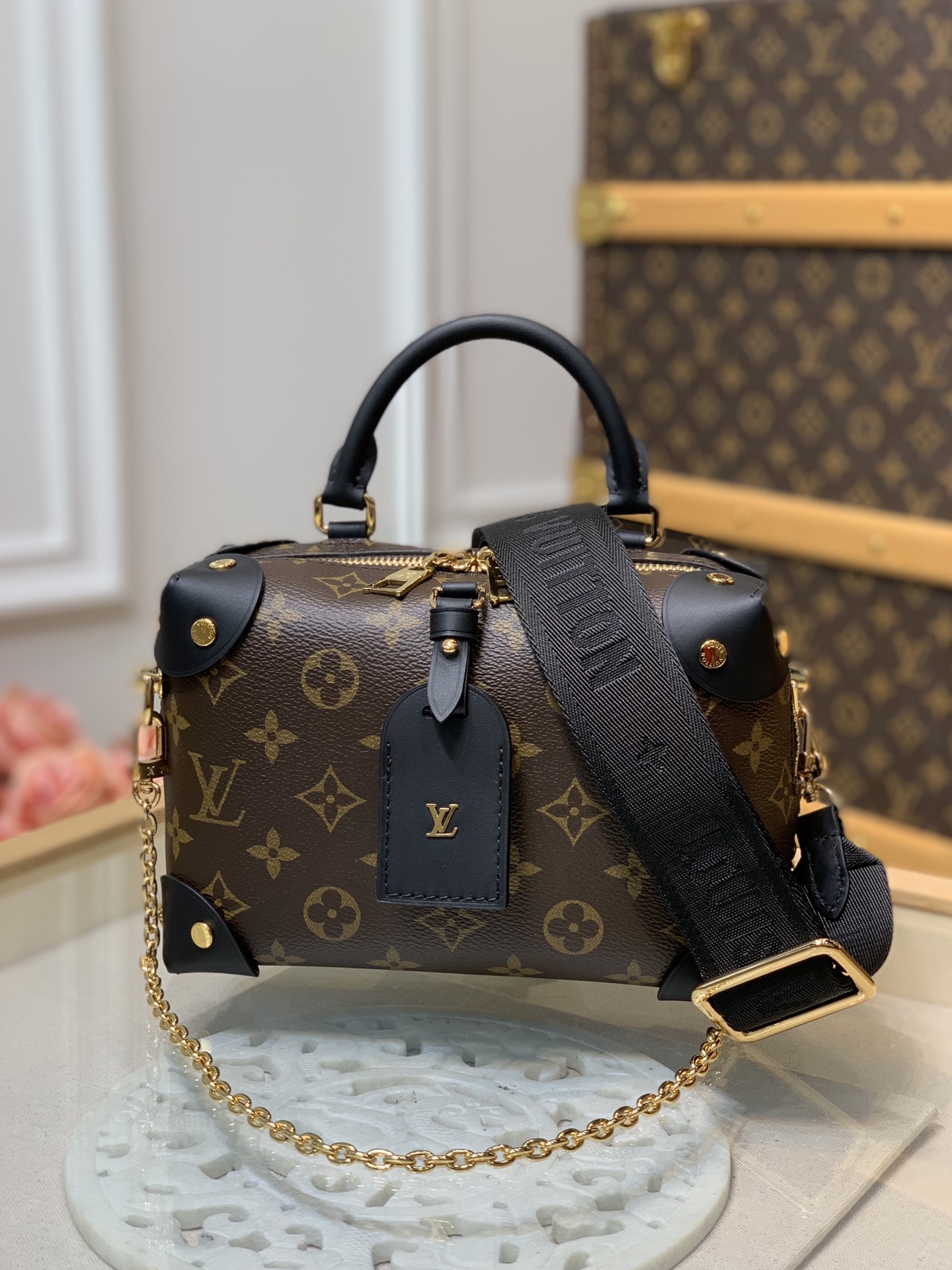 Louis Vuitton LV Petite Malle Bags Handbags Black Embroidery Monogram Canvas Chains M45571