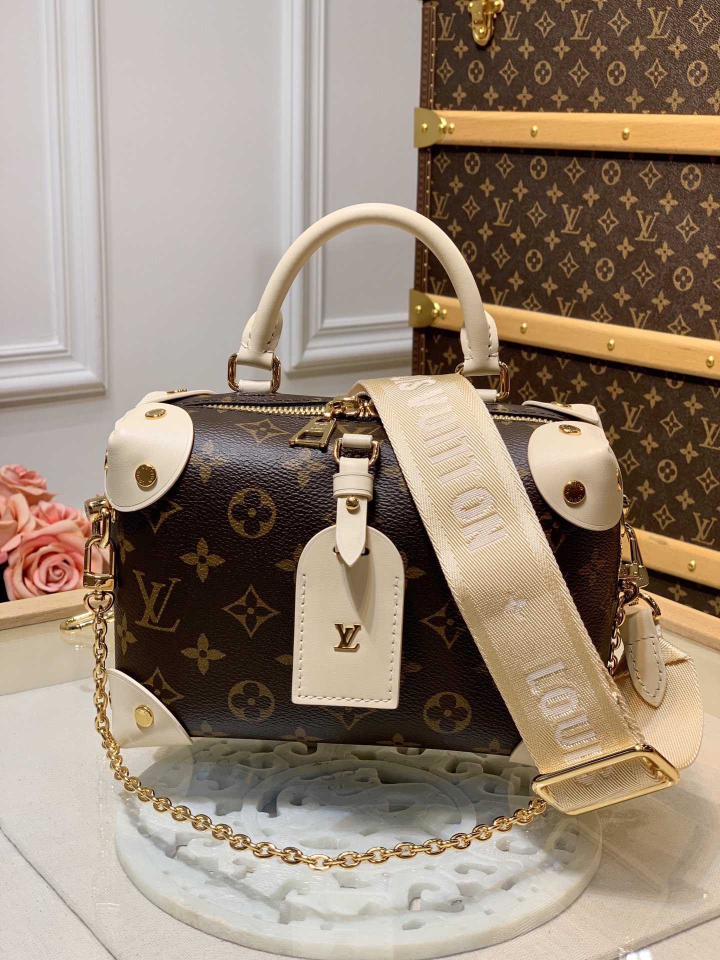 Louis Vuitton LV Petite Malle Bags Handbags New Designer Replica
 Beige White Embroidery Monogram Canvas Chains M45531