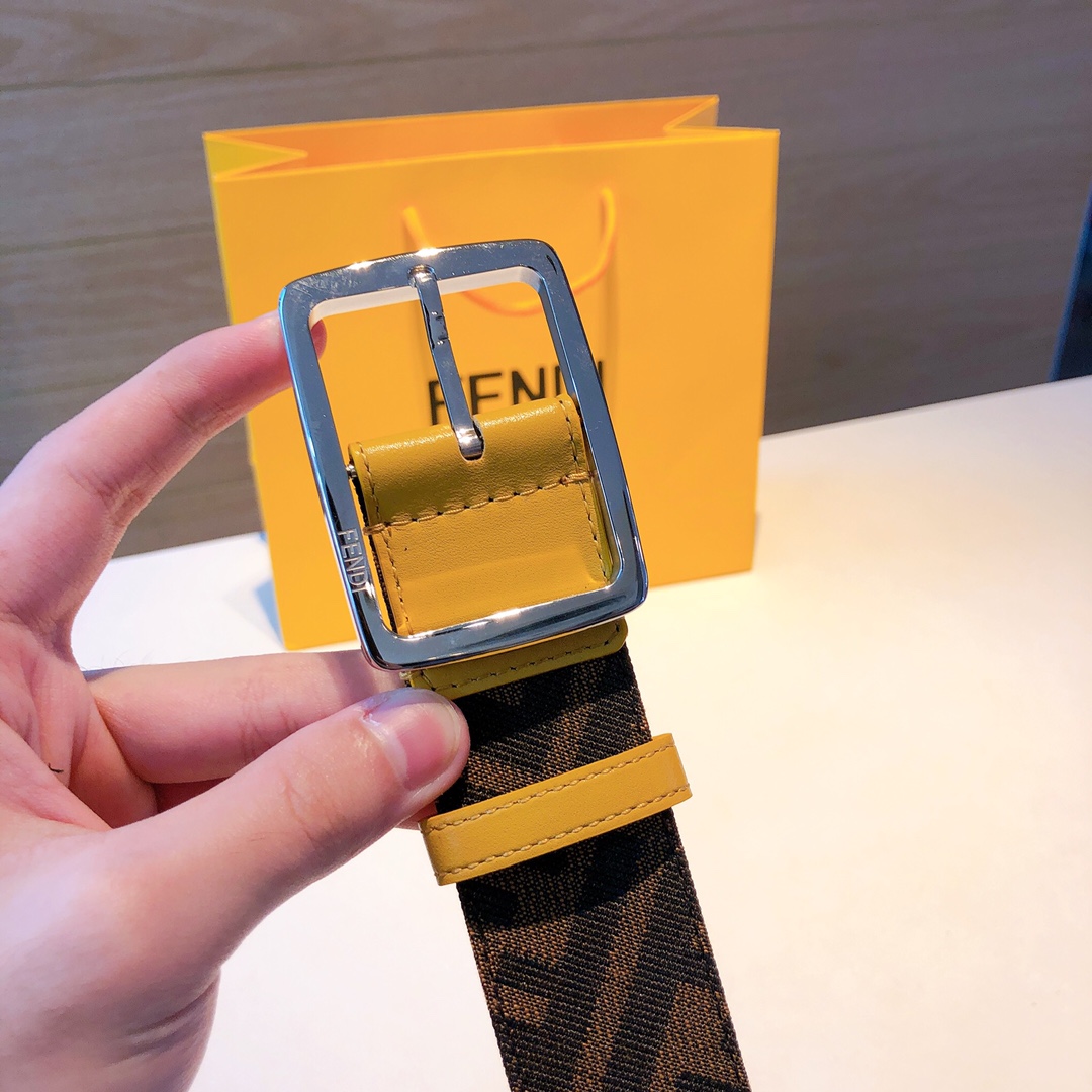 [Fendi Belts]Red and yellow two-color leather lining Palladium-plated metal pa