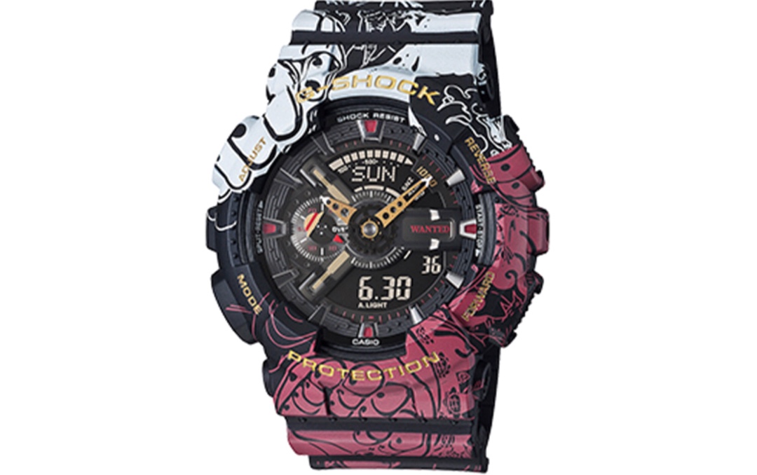 E0  海贼王 Casio 卡西欧 海贼王联名限量手表男 G-SHOCK x ONE PIECE 路飞GA-110JOP腕表采用白、黑、红三种颜色，路飞开启四档为设计主题，各种细节都在体现海贼王的主题 防震防水、全自动日历、倒计时、每日闹钟、世界时间、52mm、秒表、全套原包装