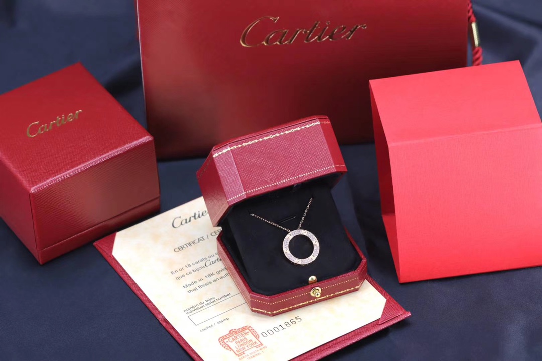 Cartier 卡地亚 玫瑰金色LOVE满钻圆饼 锁骨项链