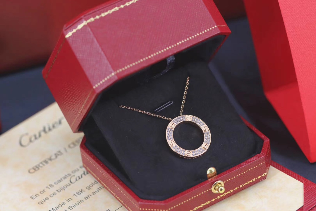 Cartier 卡地亚 玫瑰金色LOVE满钻圆饼 锁骨项链
