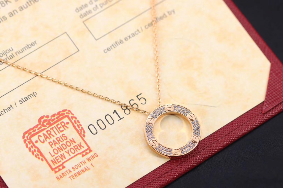 Cartier 卡地亚 玫瑰金色LOVE满钻圆饼 锁骨项链