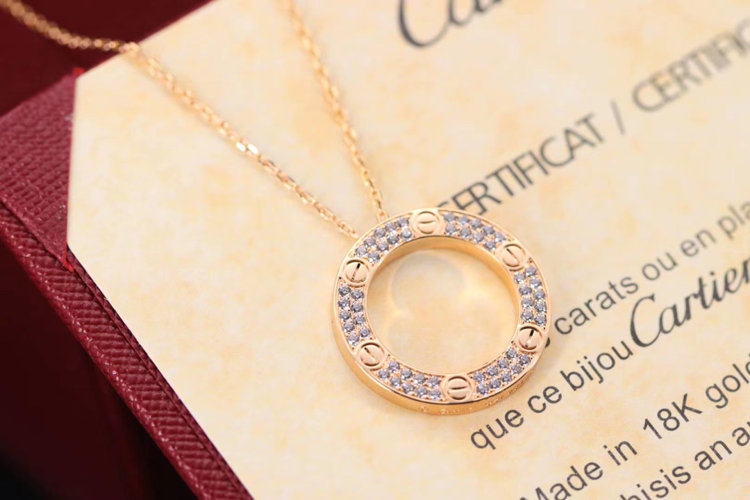 Cartier 卡地亚 玫瑰金色LOVE满钻圆饼 锁骨项链