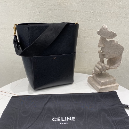 Celine Sangle Bucket Bag in Soft Grained Calfskin with Wool Strap - Black 1 Celine Sangle Bucket Bag in Soft Grained Calfskin with Wool Strap - Black