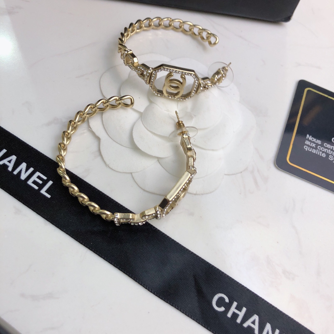 chanel gold crystal chain hoop earrings