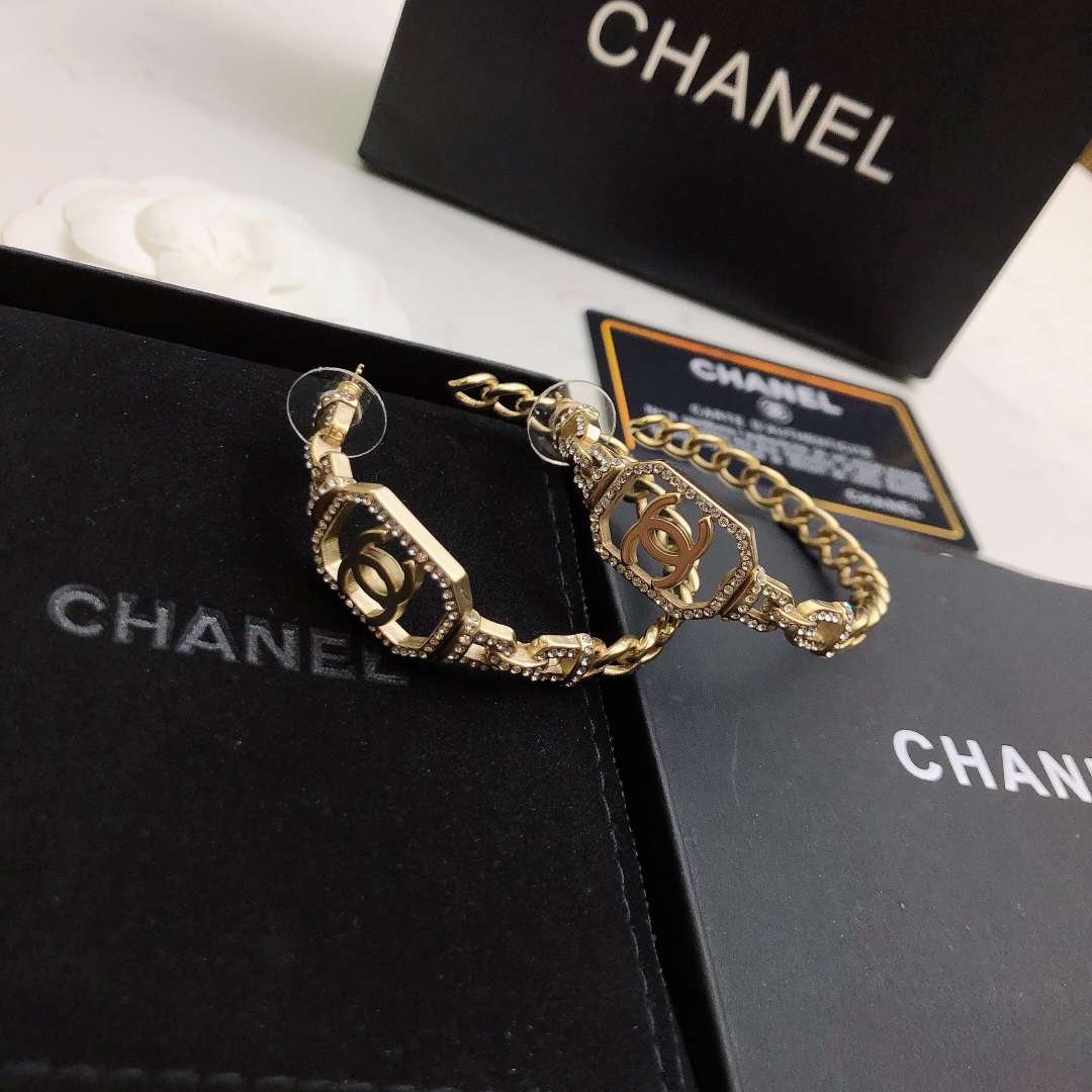 chanel gold crystal chain hoop earrings