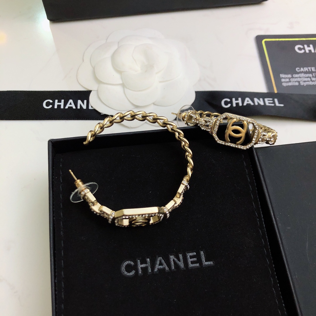 chanel gold crystal chain hoop earrings