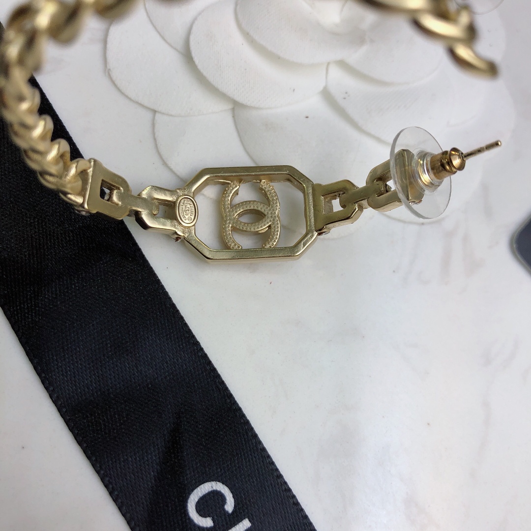 chanel gold crystal chain hoop earrings