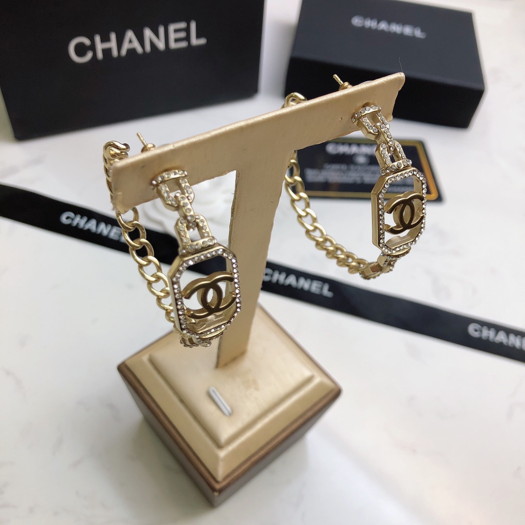 chanel gold crystal chain hoop earrings
