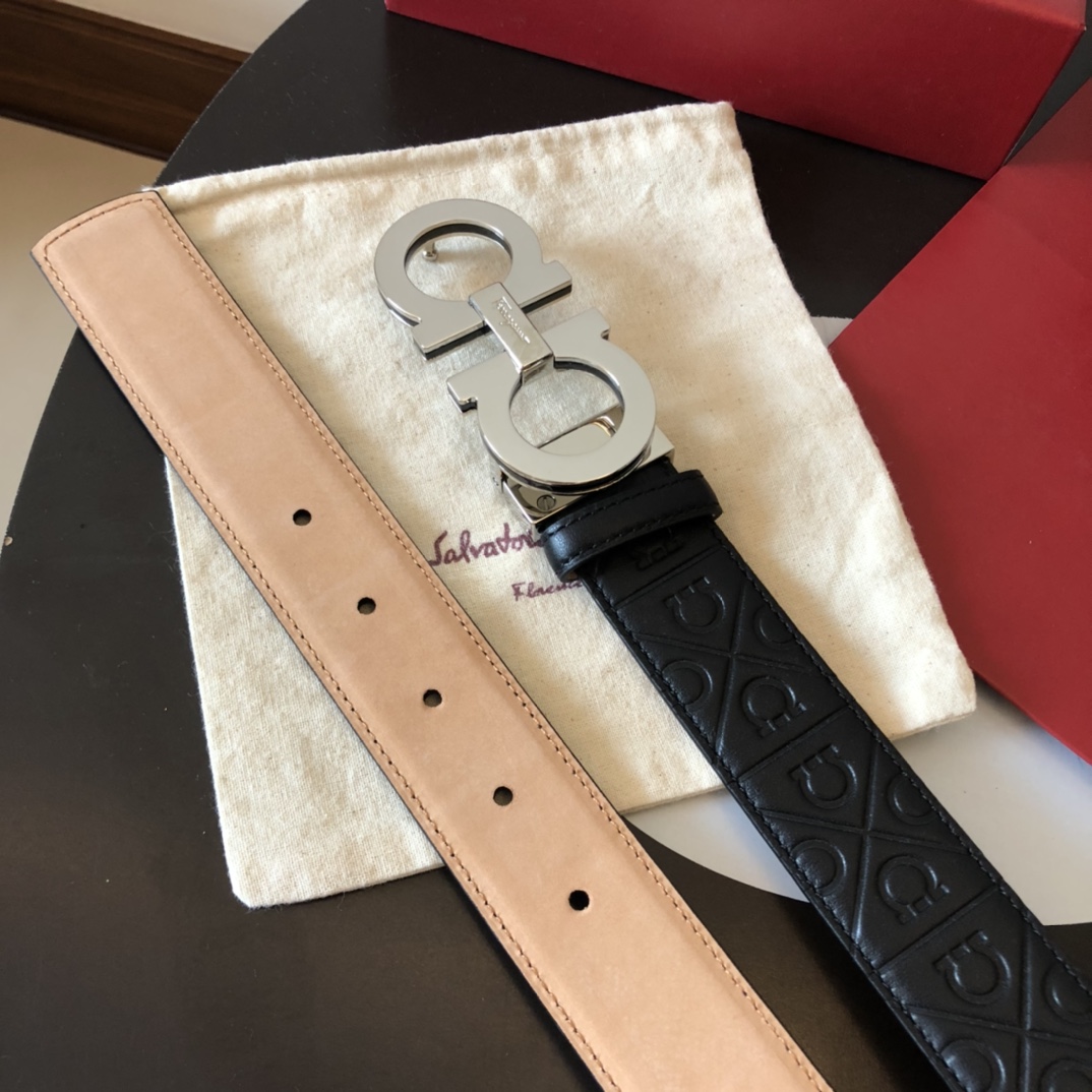 Salvatore  Ferragamo菲拉格慕男士3.5cm精致双圈金属三层夹扣，头层牛皮压纹进口树膏底，百搭大气单品。6524170