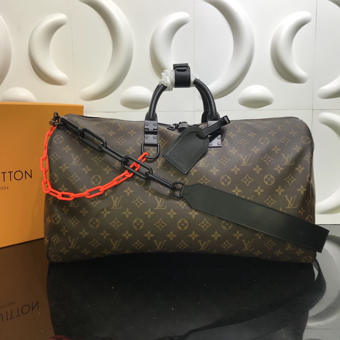 Louis Vuitton LV Keepall Travel Bags Black Orange Canvas Cowhide Fabric Fashion M44471