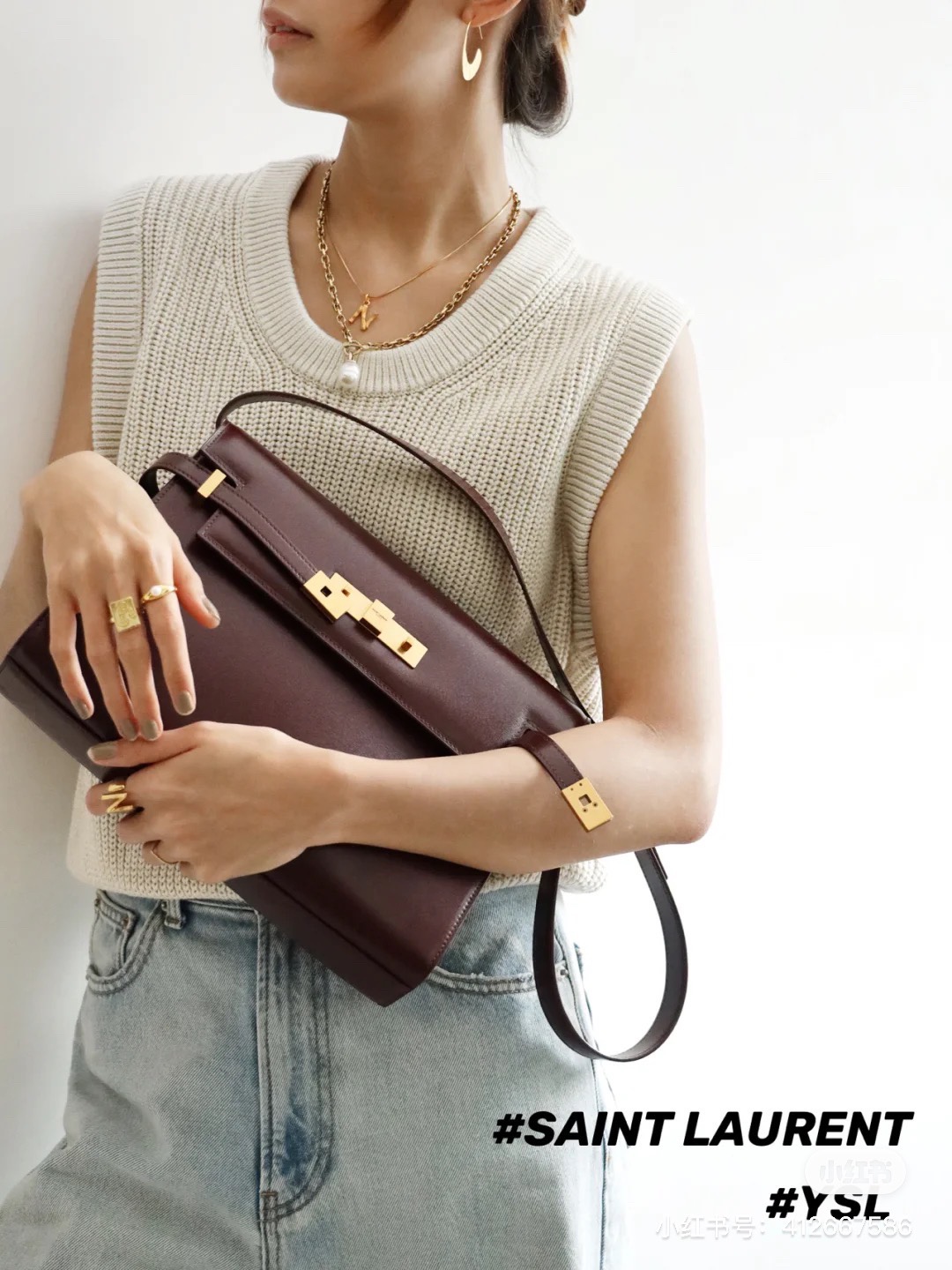 Ysl 𝑴𝒂𝒏𝒉𝒂𝒕𝒕𝒂𝒏 29CM曼哈顿法棍包 579271酒红色牙签纹金扣