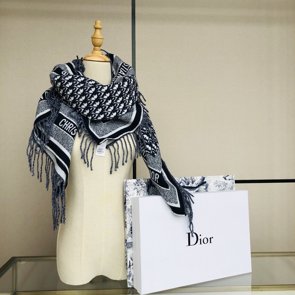 Dior 1:1 Scarf Shawl Blue Dark Embroidery Knitting Rabbit Hair Wool Oblique
