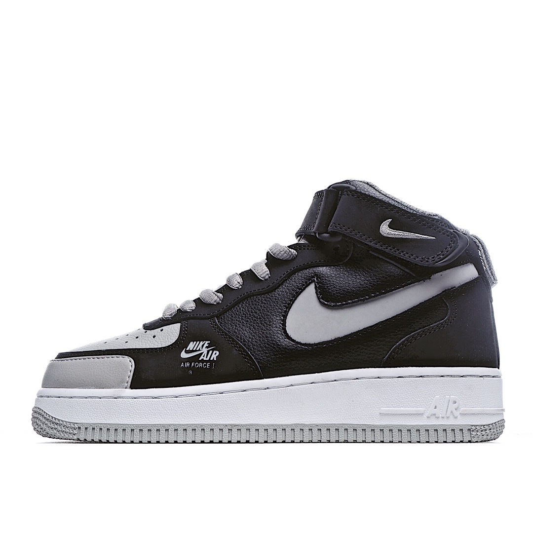 H5 Air Force 1 LV8 UTILITY空军一号中帮 影子灰板鞋 侧面logo3M反光 全身光‬用黑色与灰色荔枝牛纹‬移膜革内全置‬掌air sole气垫，全改新‬良能机‬提拉计设‬后跟，放大LOGO印花，镂空钩内子‬腰细节。