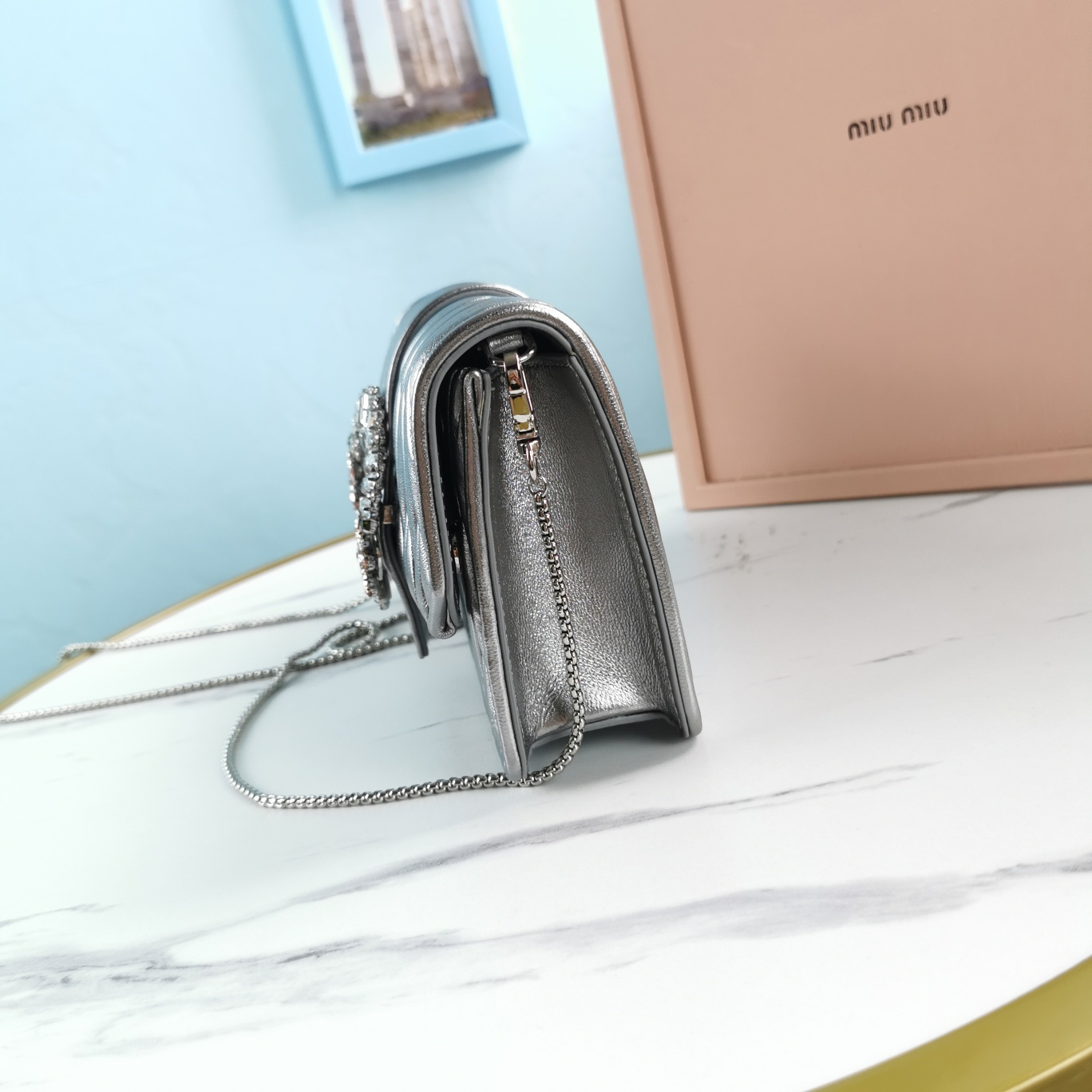 MIU MIU缪缪Matelasse顶级进口小羊皮圆环小雏菊钻扣单肩斜挎包5BH095