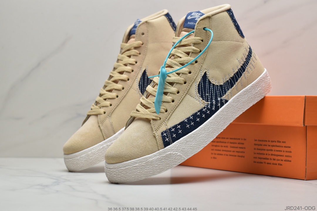 210 Nike SB Blazer Mid Premium”Sashiko Sesame”耐克 开拓者中帮休闲板鞋「卡其丹宁/深蓝白 刺子绣」货号：CT0715-400