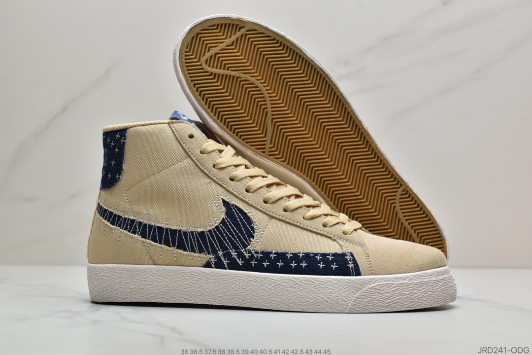210 Nike SB Blazer Mid Premium”Sashiko Sesame”耐克 开拓者中帮休闲板鞋「卡其丹宁/深蓝白 刺子绣」货号：CT0715-400