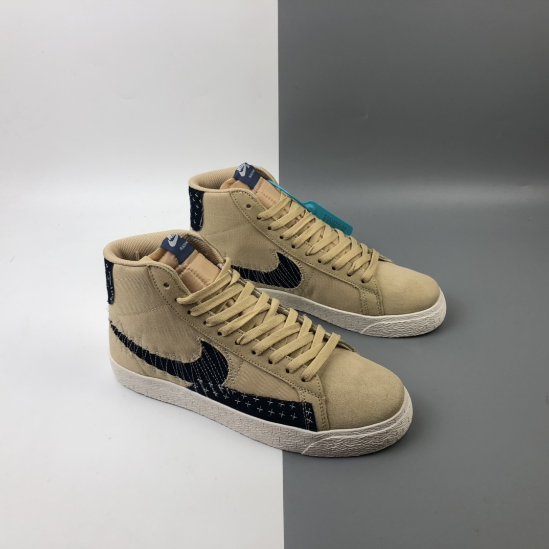 200 Nike SB Blazer Mid Premium”Sashiko Sesame”经典开拓木屑纹中帮百搭休闲运动板鞋“卡其丹宁深蓝白刺子绣” CT0715-200