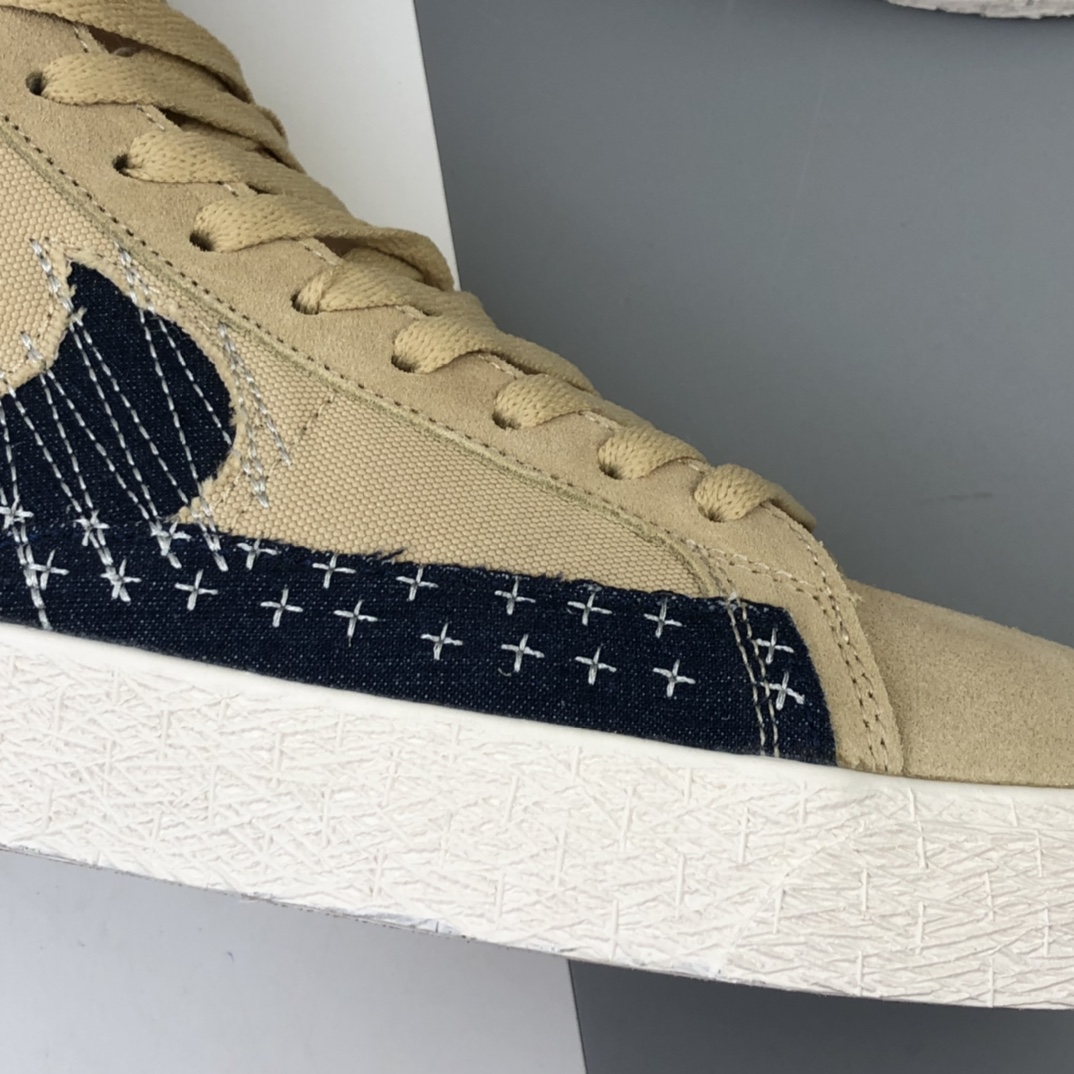 200 Nike SB Blazer Mid Premium”Sashiko Sesame”经典开拓木屑纹中帮百搭休闲运动板鞋“卡其丹宁深蓝白刺子绣” CT0715-200