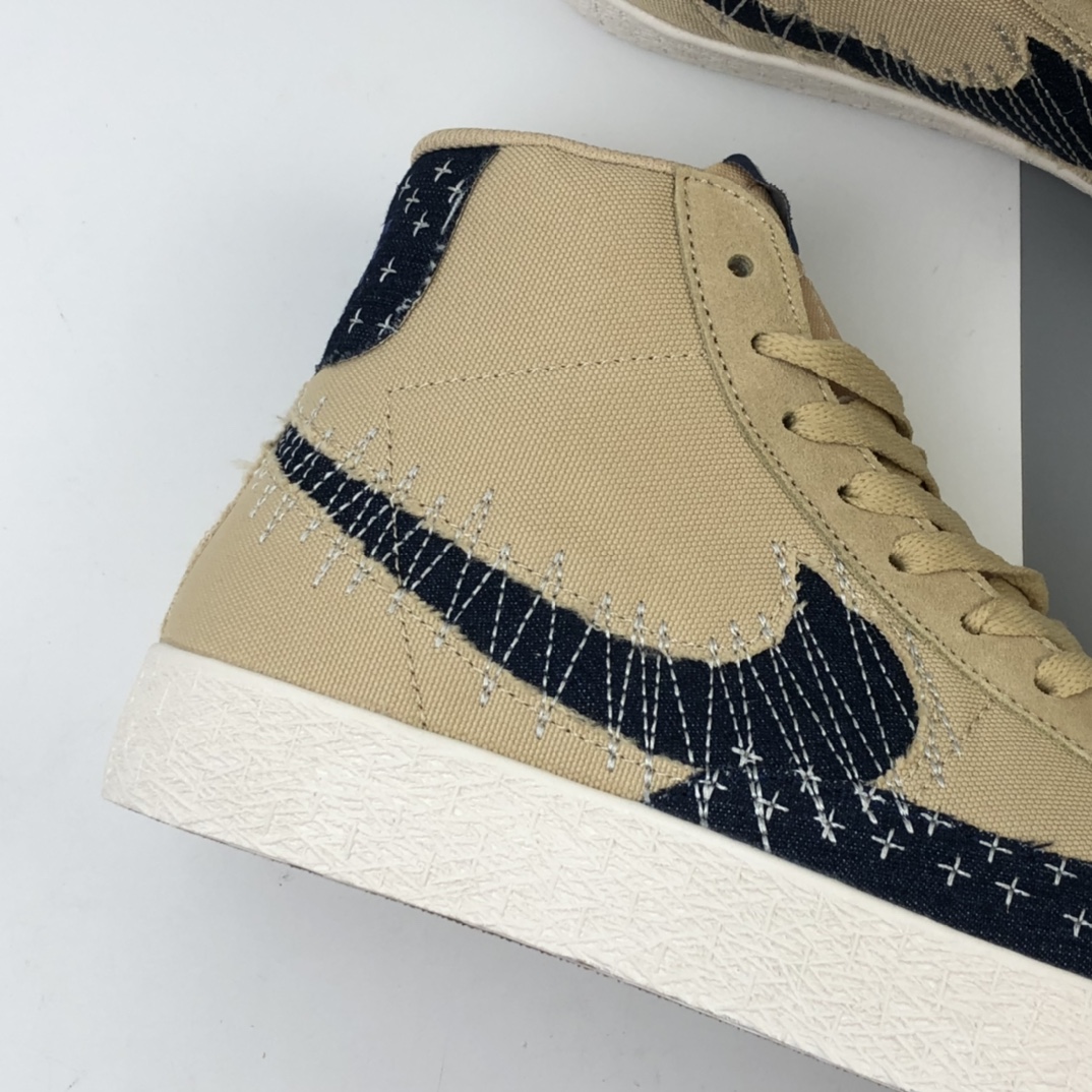 200 Nike SB Blazer Mid Premium”Sashiko Sesame”经典开拓木屑纹中帮百搭休闲运动板鞋“卡其丹宁深蓝白刺子绣” CT0715-200