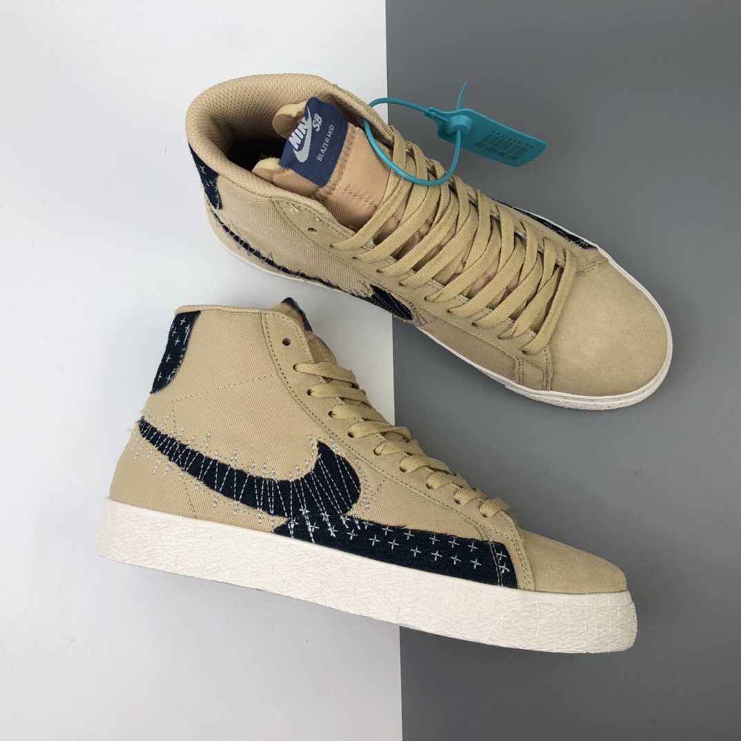 200 Nike SB Blazer Mid Premium”Sashiko Sesame”经典开拓木屑纹中帮百搭休闲运动板鞋“卡其丹宁深蓝白刺子绣” CT0715-200