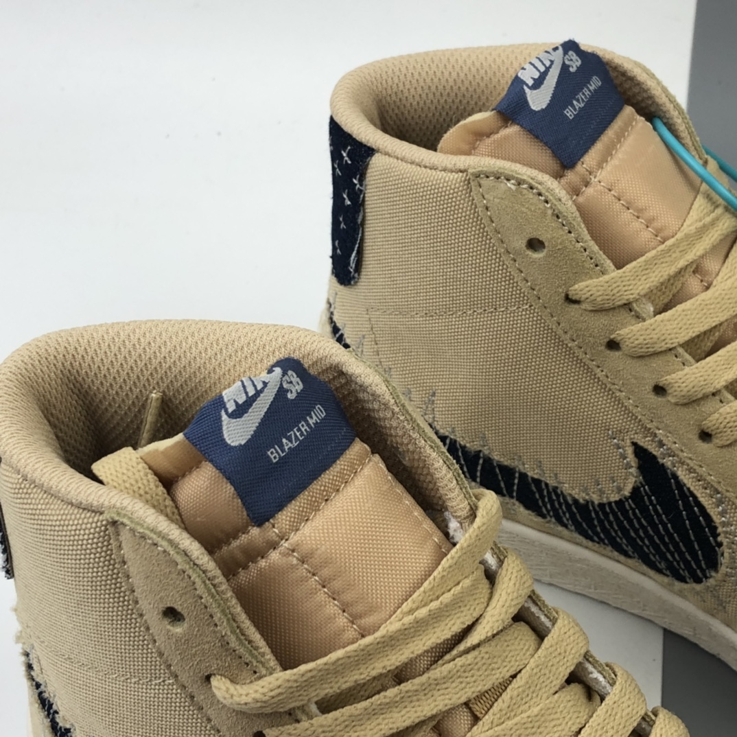 200 Nike SB Blazer Mid Premium”Sashiko Sesame”经典开拓木屑纹中帮百搭休闲运动板鞋“卡其丹宁深蓝白刺子绣” CT0715-200