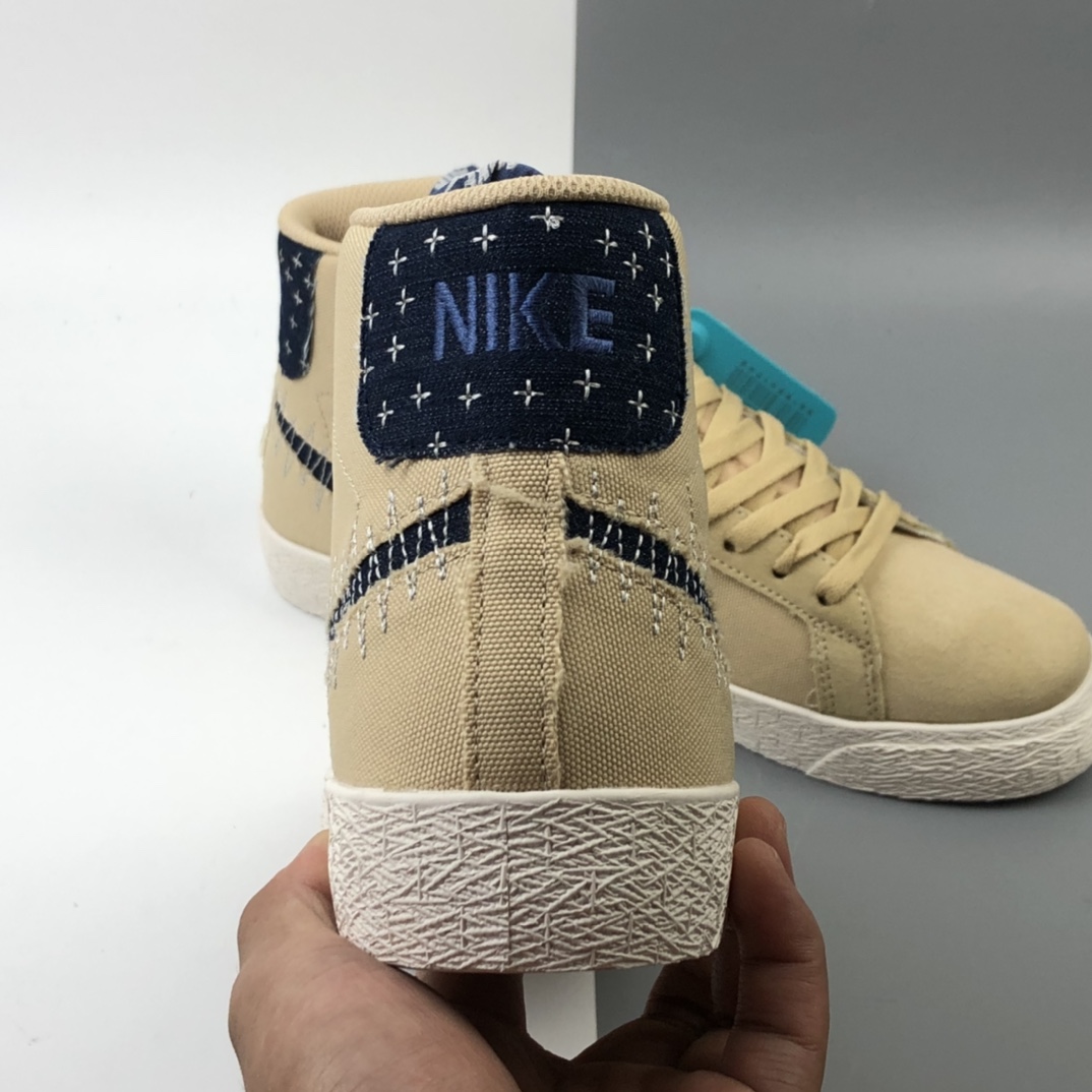 200 Nike SB Blazer Mid Premium”Sashiko Sesame”经典开拓木屑纹中帮百搭休闲运动板鞋“卡其丹宁深蓝白刺子绣” CT0715-200