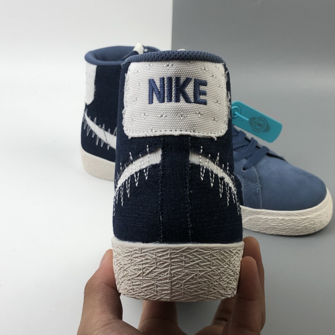 200 Nike SB Blazer Mid Premium”Sashiko Sesame”经典开拓木屑纹中帮百搭休闲运动板鞋“卡其丹宁深蓝白刺子绣” CT0715-400