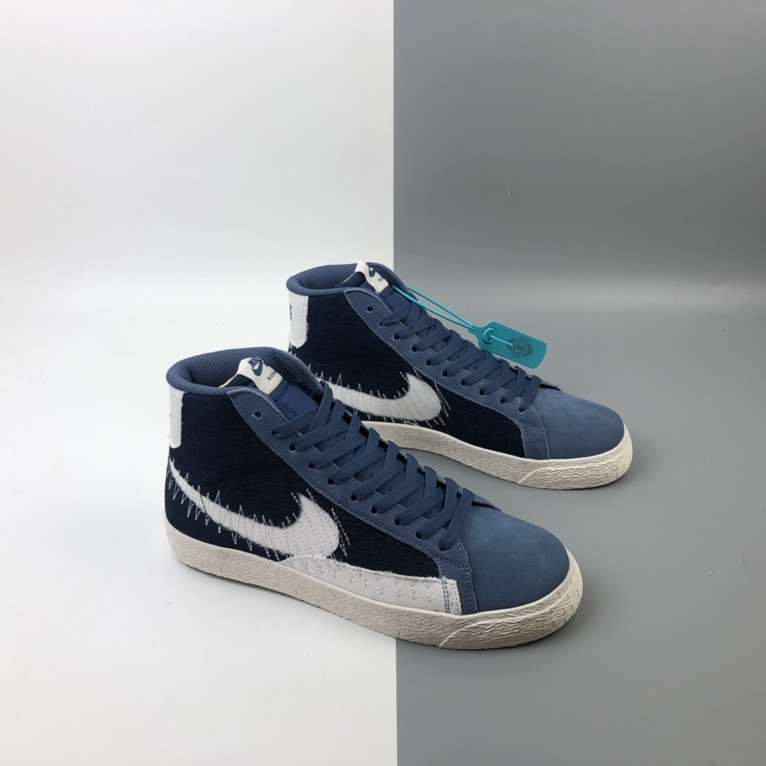 200 Nike SB Blazer Mid Premium”Sashiko Sesame”经典开拓木屑纹中帮百搭休闲运动板鞋“卡其丹宁深蓝白刺子绣” CT0715-400