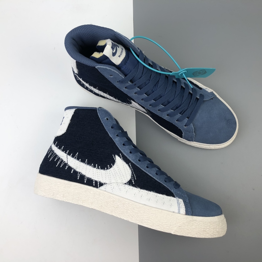200 Nike SB Blazer Mid Premium”Sashiko Sesame”经典开拓木屑纹中帮百搭休闲运动板鞋“卡其丹宁深蓝白刺子绣” CT0715-400