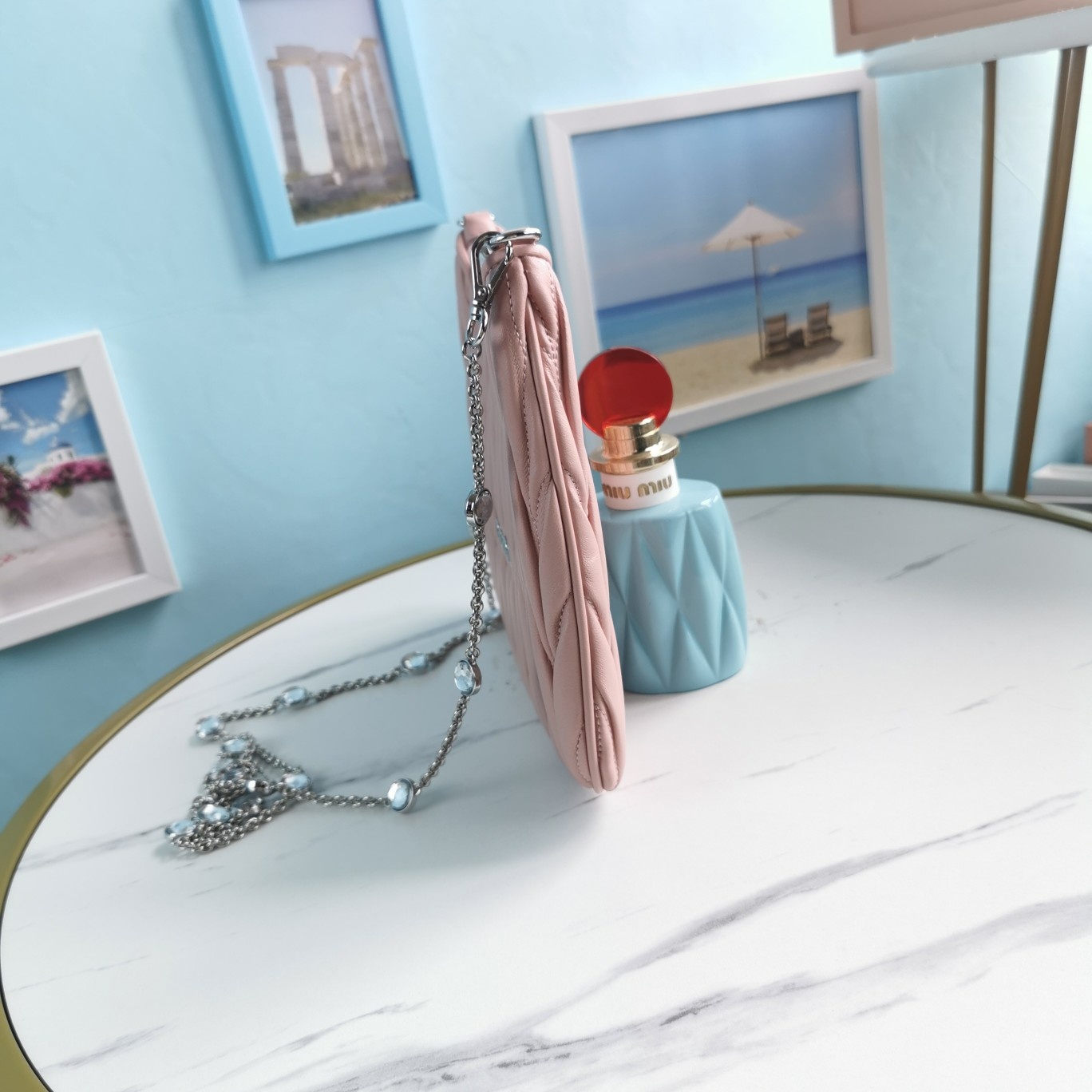 MIUMIU缪缪Cloquet进口小羊皮半圆腋下钻石链条包5BH189