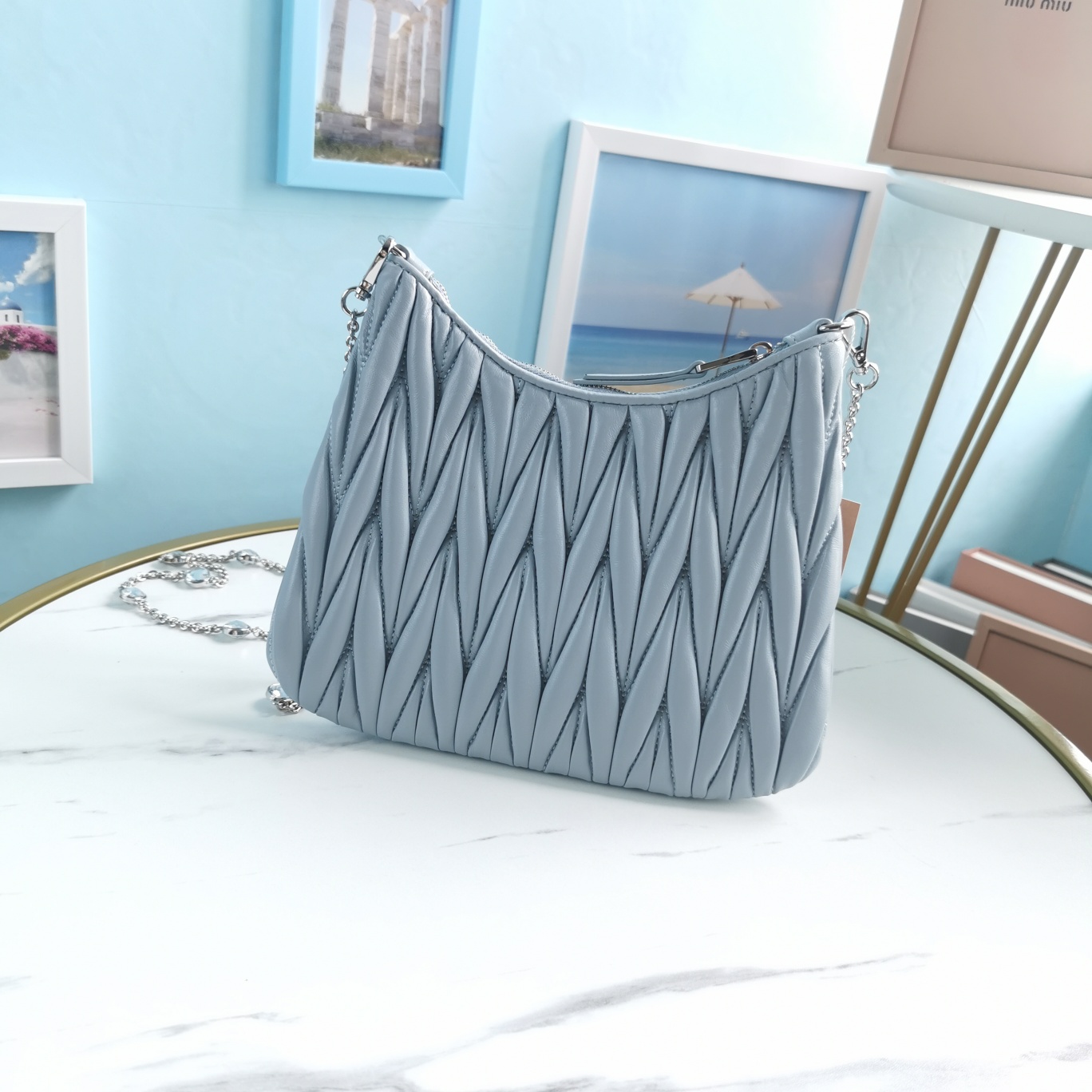 MIUMIU缪缪Cloquet进口小羊皮半圆腋下钻石链条包5BH189