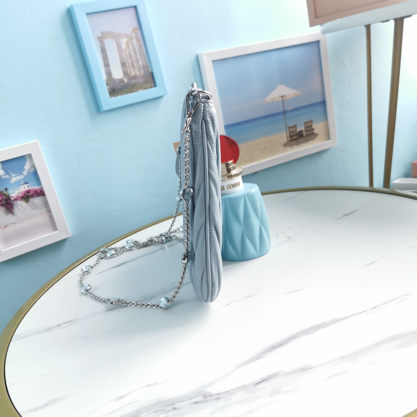 MIUMIU缪缪Cloquet进口小羊皮半圆腋下钻石链条包5BH189