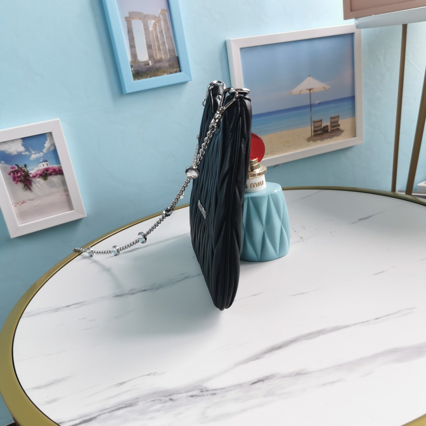 MIUMIU缪缪Cloquet进口小羊皮半圆腋下钻石链条包5BH189