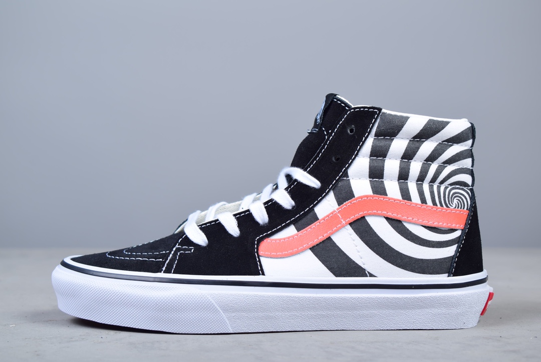 F5 真标硫化VANS范斯SK8-HI黑白高帮 螺旋催眠图案配以橙色饰条 男女休闲板鞋VN0A4U3C2U1