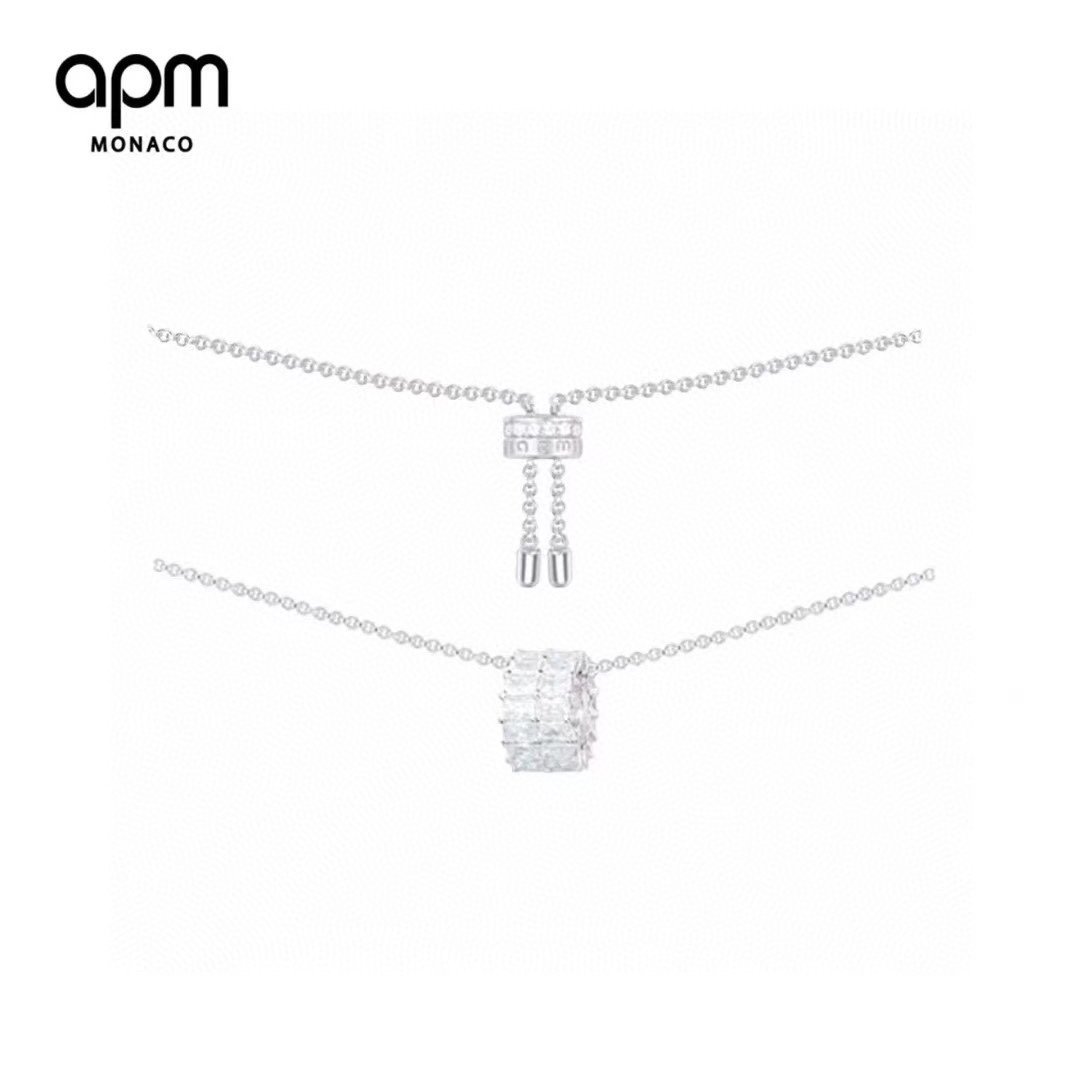 pjwsy Apm Monaco 转运系列款小蛮腰项链 超级闪环形毛衣锁情侣Chocker 女王节礼物长方形晶钻环形吊饰 可调节长度。