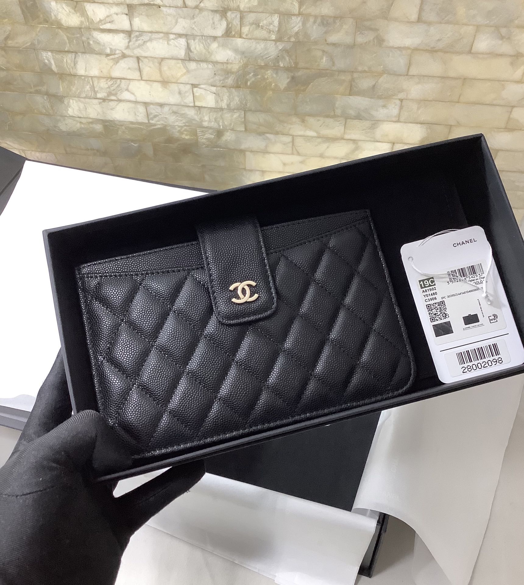 Chanel二件套卡包细球牛皮长款零钱包手机包卡包 A81902黑色/金扣