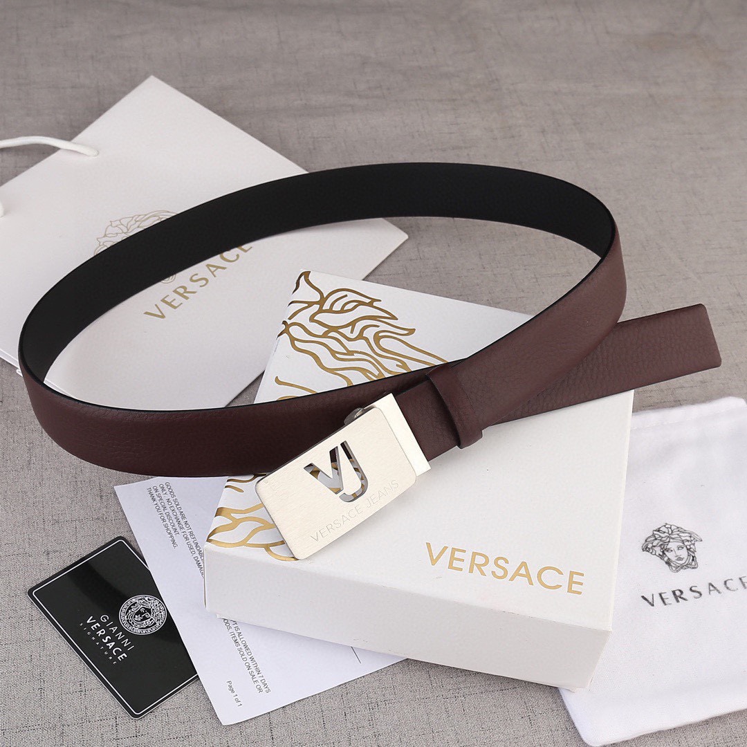 宽度3.5cm VERSACE（范思哲）爆款板扣配摔纹无线带身/双面头层、采用精挑细选进口牛皮，商务既有