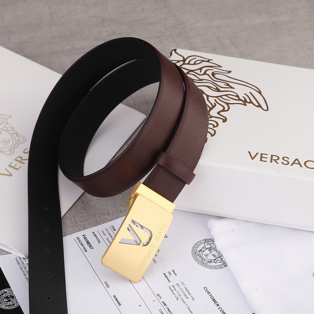 宽度3.5cm VERSACE（范思哲）爆款板扣配摔纹无线带身/双面头层、采用精挑细选进口牛皮，商务既有