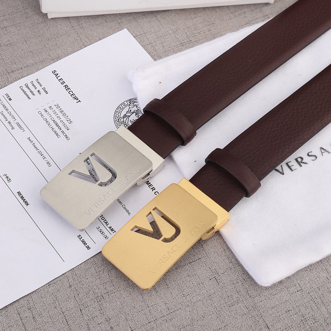 宽度3.5cm VERSACE（范思哲）爆款板扣配摔纹无线带身/双面头层、采用精挑细选进口牛皮，商务既有